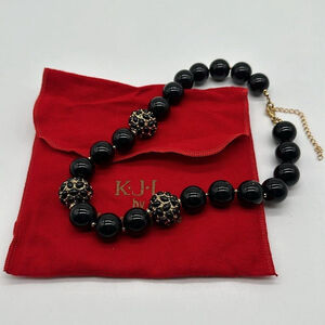 Kenneth Jay Lane Signed Black Bead Gold Accents Chucky Necklace Vintage in Pouch